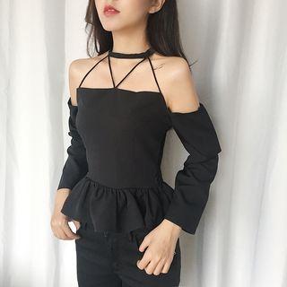 Long-sleeve Ruffle-hem Strappy Top