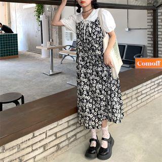 Puff-sleeve Tie-neck Blouse / Sleeveless Floral Printed Dress
