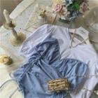 Mock Two-piece Gingham Panel Drawstring Top
