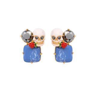 Creative Personality Plated Gold Enamel Skull Earrings With Cubic Zirconia Golden - One Size