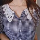 Lace-collar Puff-sleeve Gingham Blouse