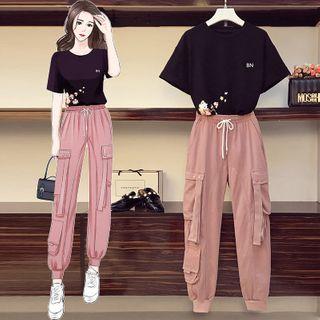 Set: Short-sleeve Floral Print T-shirt + Cargo Harem Pants