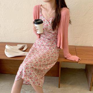 Spaghetti Strap Floral Print Midi Sheath Dress / Cardigan