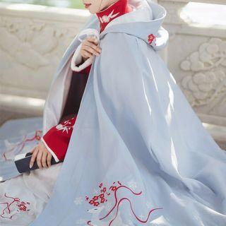 Hooded Embroidered Long Cape Blue - One Size