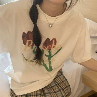 Lettering Flower Print T-shirt White - One Size