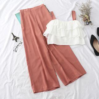 Set: Wide-leg Pants / Sleeveless Ruffled Top