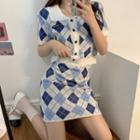 Short-sleeve Argyle Button-up Top / Mini Skirt