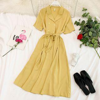 Double-breasted Short-sleeve Midi A-line Dress