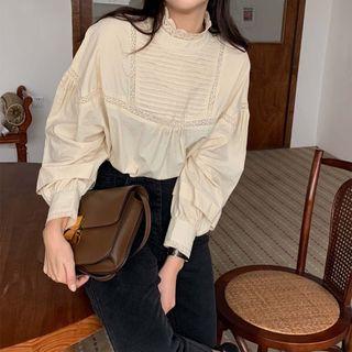 Lace Trim Lantern-sleeve Blouse Light Almond - One Size