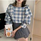 Puff-sleeve Gingham Blouse / Pleated Mini A-line Skirt