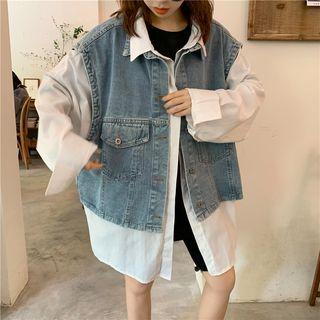 Mock Two Piece Color Block Jacket Light Blue - One Size