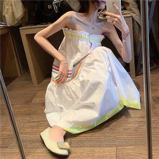 Color-block Striped Ruffled-trim Dress White - One Size