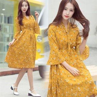 Bell Elbow-sleeve Floral Dress