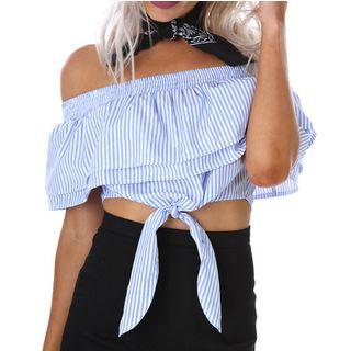 Short-sleeve Off Shoulder Tie Waist Cropped Top