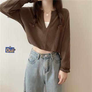 Long Sleeve V-neck Waffle T-shirt