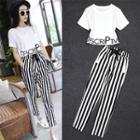 Set: Short-sleeve Lettering T-shirt + Striped Tapered Pants