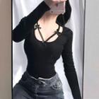 Lace Trim Long-sleeve T-shirt Black - One Size