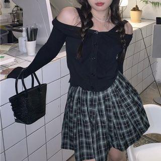 Long-sleeve Cold-shoulder Letter Embroidered Knit Top / Plaid Mini A-line Skirt