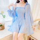 Set: Long Sleeve Letter Print Shirt + Smocked Camisole + A-line Skort