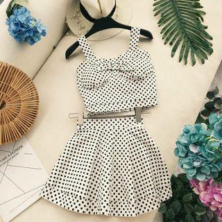 Set: Dotted Bow Accent Tank Top + Flared Skirt