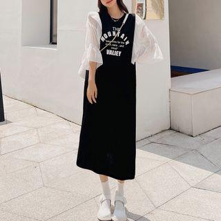 3/4-sleeve Lettering Midi A-line Dress