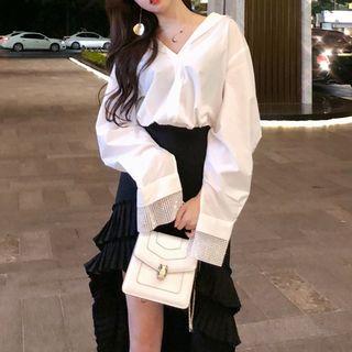 Glitter Sleeve V-neck Blouse White - One Size