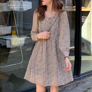 Long-sleeve Floral-print A-line Dress As Shown In Figure - One Size