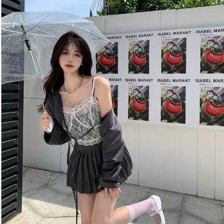 Plain Cropped Blazer / Lace Tank Top / Plain Pleated A-line Dress
