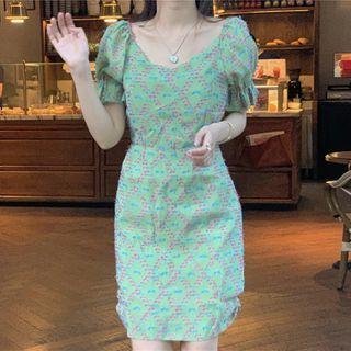 Puff-sleeve Printed Mini Sheath Dress