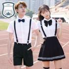 Set: Contrast Trim Short Sleeve Shirt + Neck Tie + Striped Pleated Skirt / Shorts + Suspender