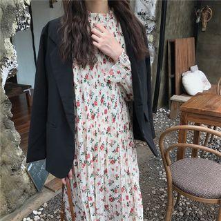 Long-sleeve Floral A-line Midi Dress Floral - White - One Size