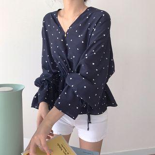 Heart Print V-neck Blouse