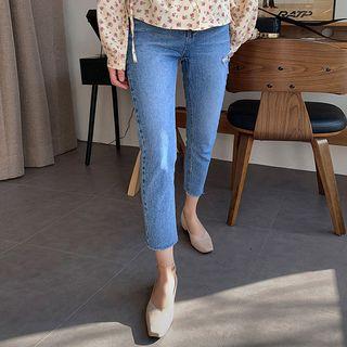 Slashed Washed Straight-cut Jeans Blue - S