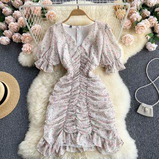V Collar Ruched Chiffon Floral Dress Light Pink - One Size