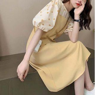 Set: Puff-sleeve Dotted Top + Midi A-line Overall Dress