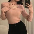 Mock-neck Asymmetrical Cold-shoulder Knit Top