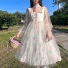 Square-neck Ruffle Trim Mesh Panel Midi A-line Dress