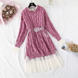 Set: Cable Knit Long Sweater + Mesh Midi Dress