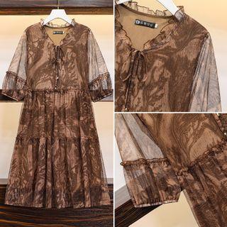 Leaf Print Elbow-sleeve Shift Dress