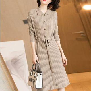 Drawstring Long-sleeve Midi Knit Collared Dress