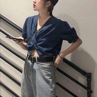 Plain V-neck Short-sleeve Crop Top Blue - One Size