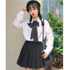 Plain Shirt With Tie / Pleated A-line Skirt