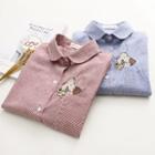Cat Embroidered Striped Short-sleeve Shirt