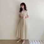 Linen Blend Pleated Long Pinafore Dress Cream -khaki - One Size