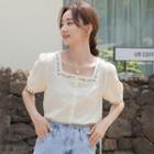 Puff-sleeve Square-neck Embroidered Blouse