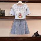 Short-sleeve Lace Collar T-shirt / Mini Denim Skirt / Set