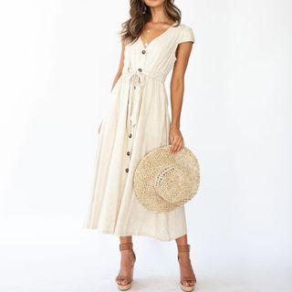 Drawstring-waist Sleeveless Maxi A-line Dress
