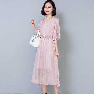 Flower Applique Elbow Sleeve Chiffon Midi Dress