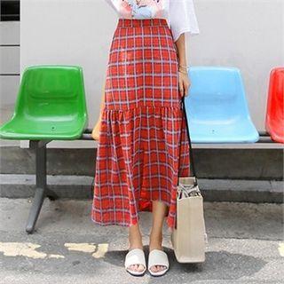 Frilled Plaid Long A-line Skirt
