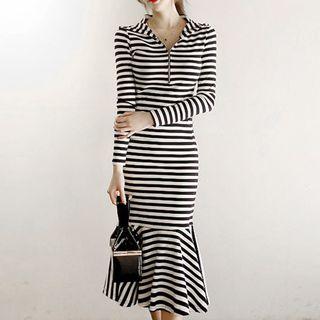 Half Zip Hooded Long-sleeve Midi Dress